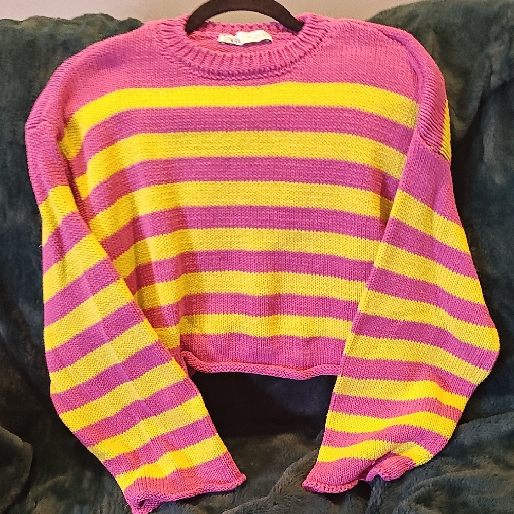 Vibrant Pink and Yellow Crew Neck Sweater